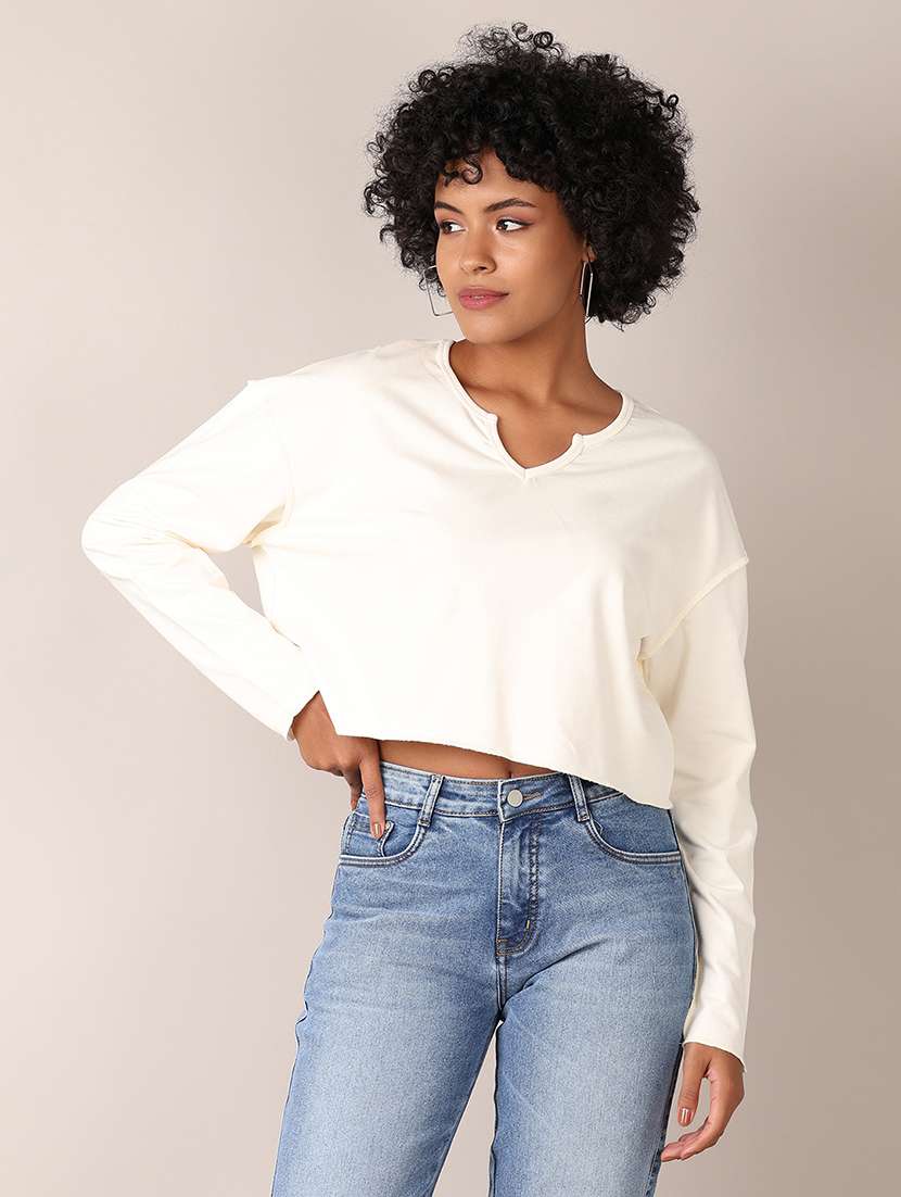 women solid oversized crop t-shirt