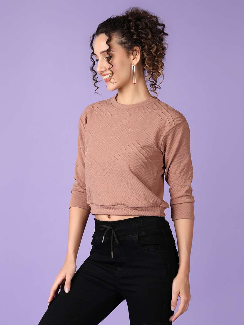 women brown self design long sleeve crop top - 21551554 - Standard Image - 2