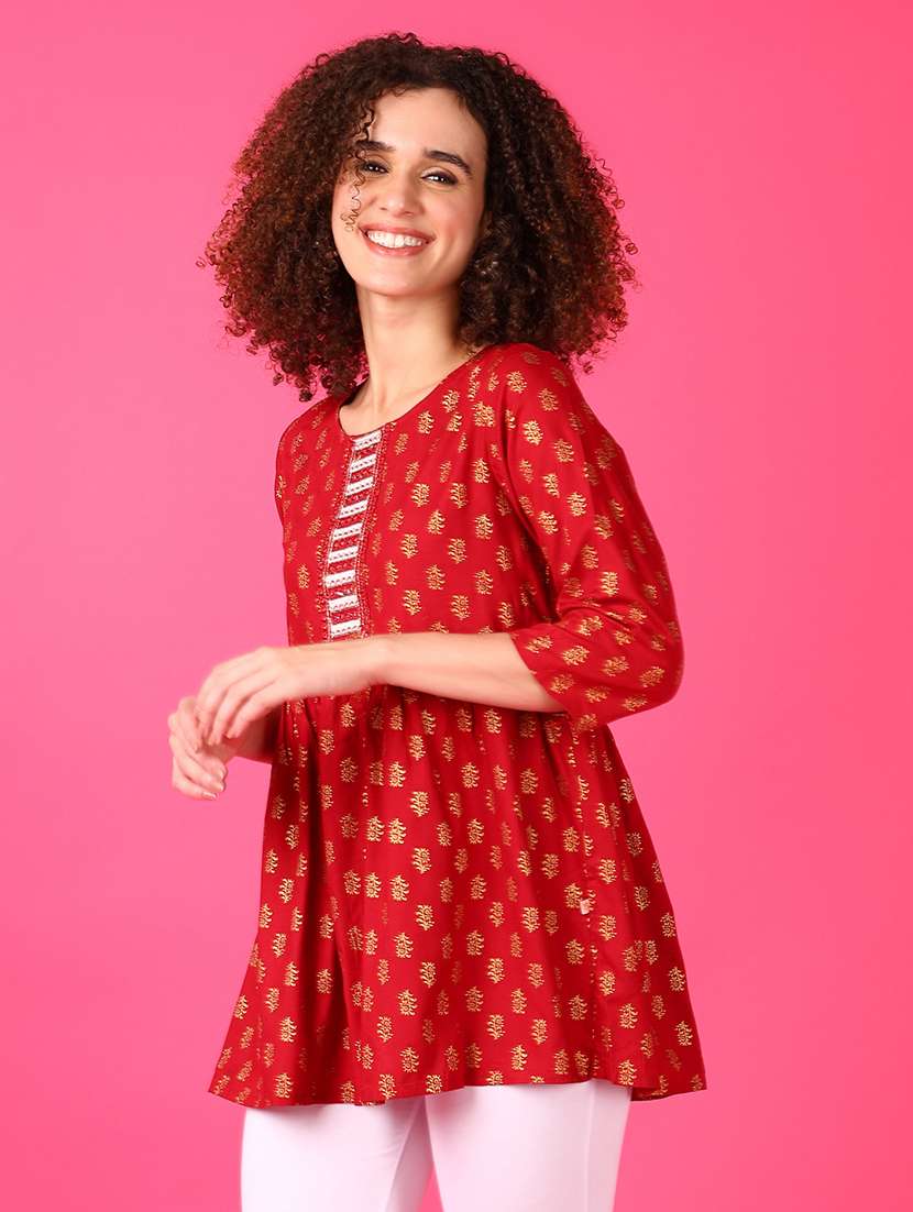women three quarter sleeve flared kurti - 21551603 -  Standard Image - 2