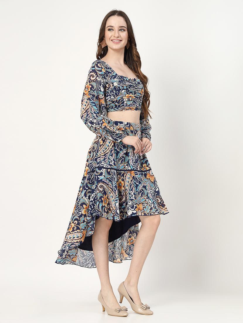 women navy blue printed top and skirt co-ord set - 21552040 - Standard Image - 2