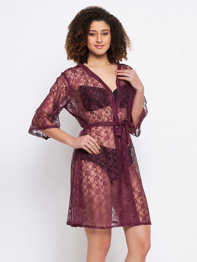 women solid lace detailed sleepwear robe - 21552276 -  Standard Image - 2