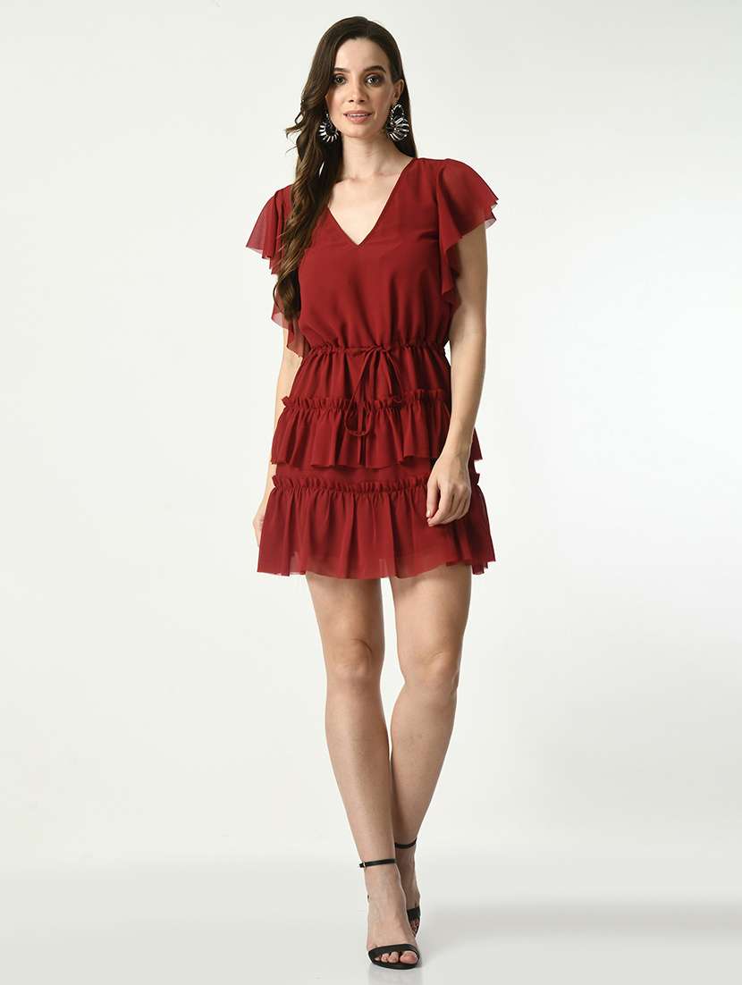 women solid short sleeves layered dress