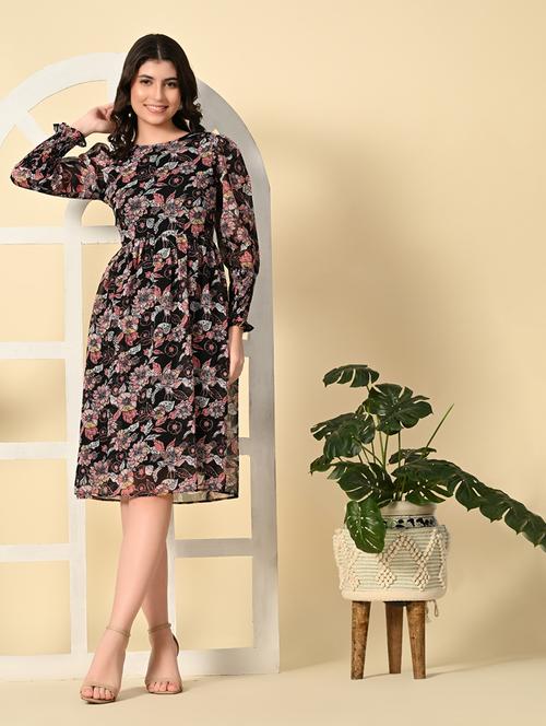 women floral printed long sleeves a-line dress - 21552714 - Standard Image - 0