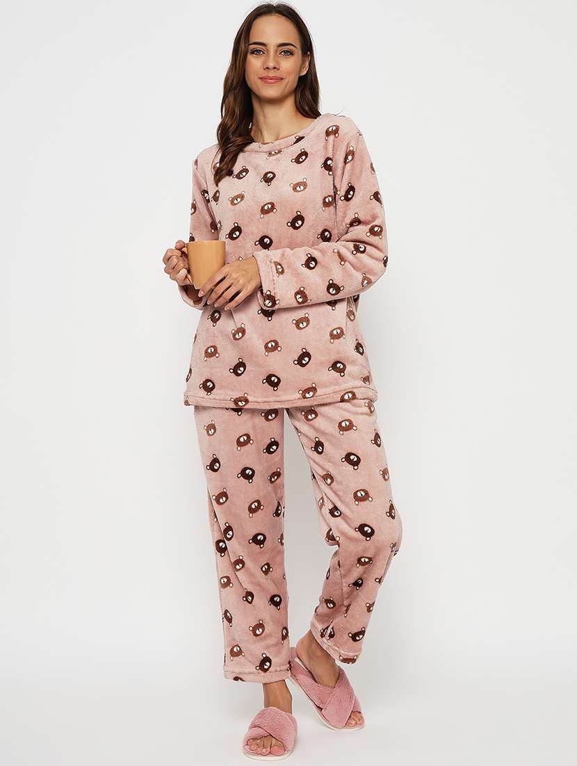 women printed fleece pyjama nightwear set