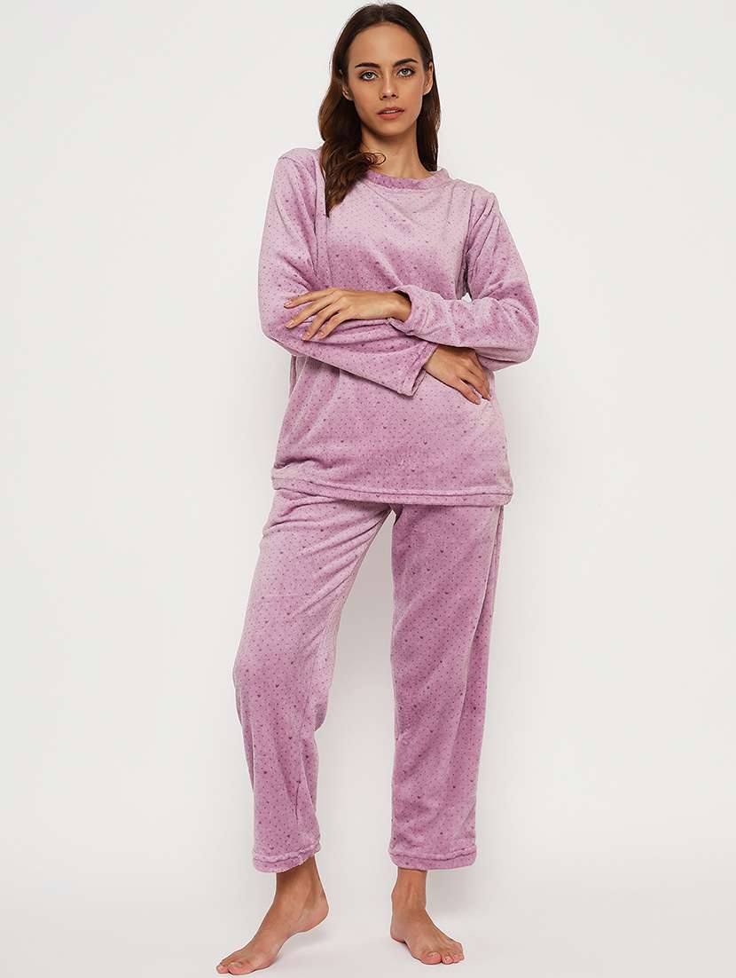 women printed fleece pyjama nightwear set