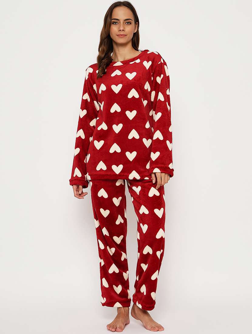 women printed fleece pyjama nightwear set