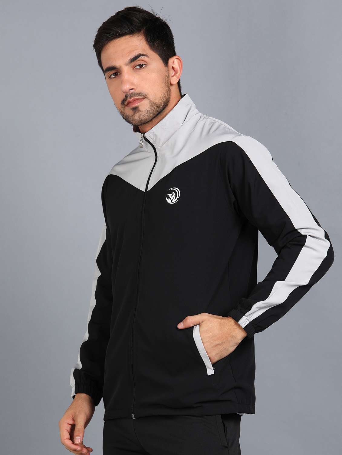 men color blocked stand collar biker jacket - 21553021 -  Standard Image - 2