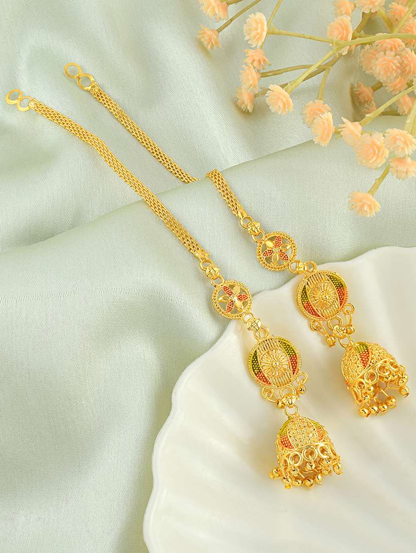 women gold brass jhumka earrings