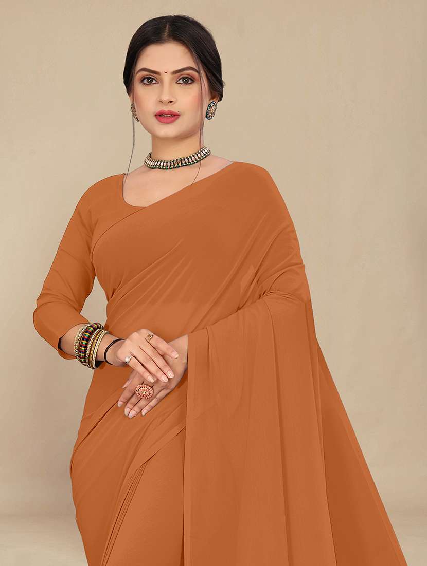women brown solid georgette saree - 21553835 -  Standard Image - 2
