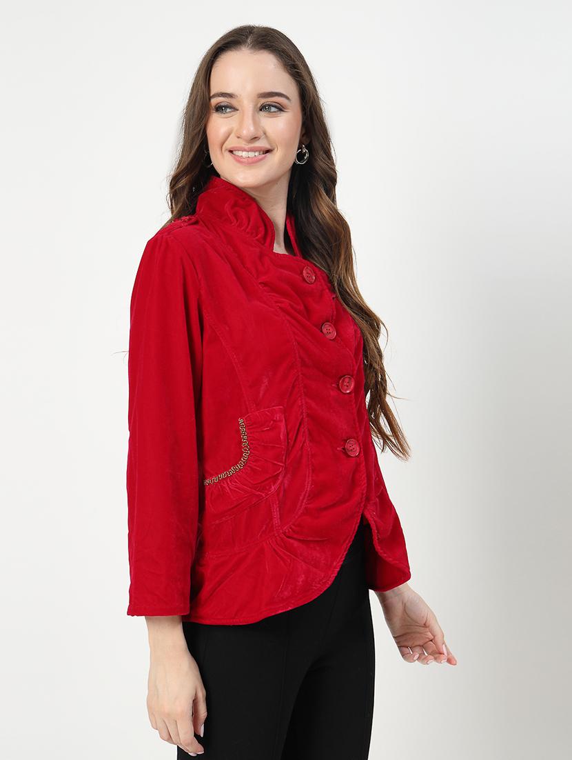 women solid stand collar long sleeves jacket - 21553839 - Standard Image - 2