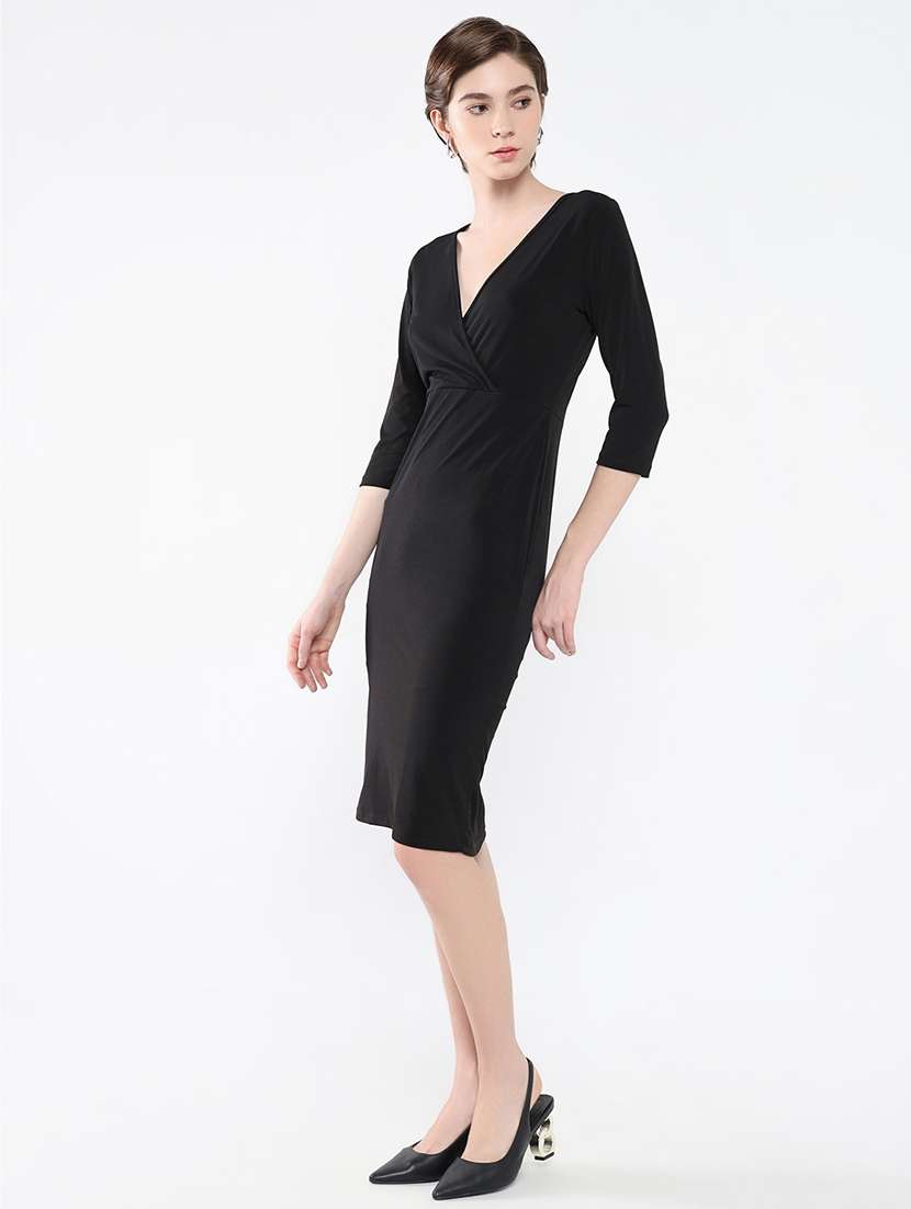 women solid overlap neck bodycon dress - 21553930 -  Standard Image - 2