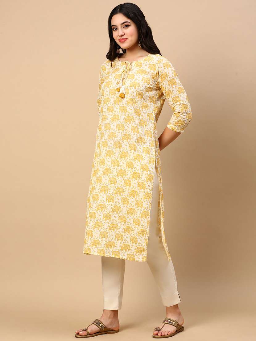 women printed tie up neck straight kurta - 21553942 -  Standard Image - 2