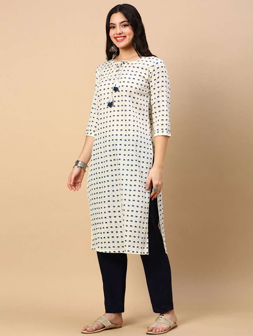 women printed tie up neck straight kurta - 21553944 -  Standard Image - 2