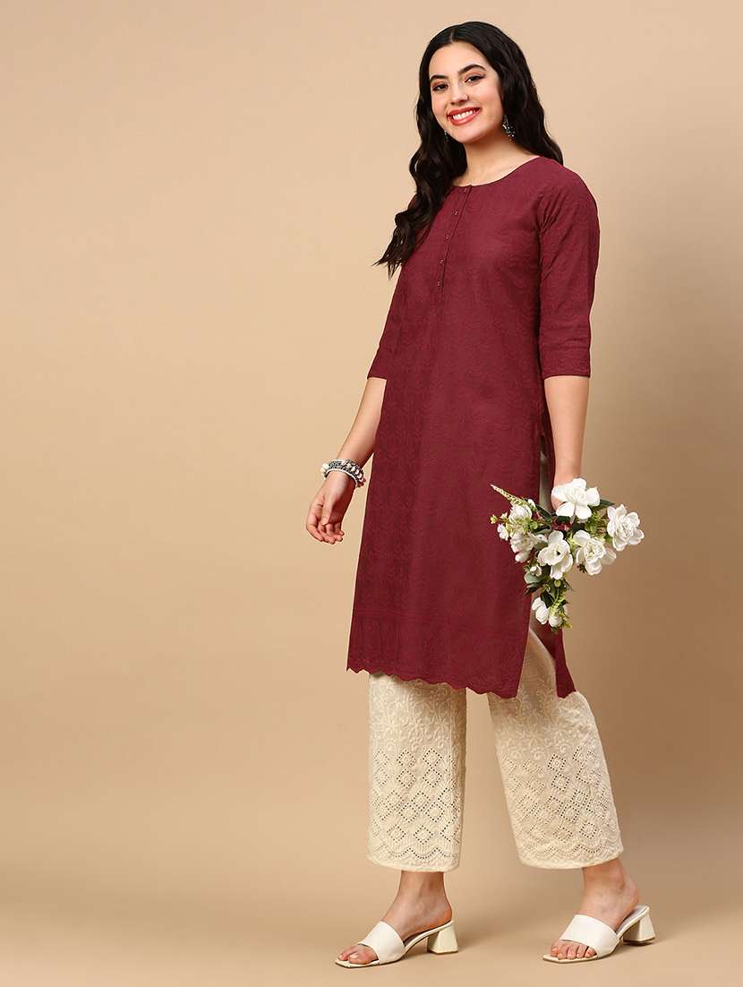 women embroidered round neck straight kurta