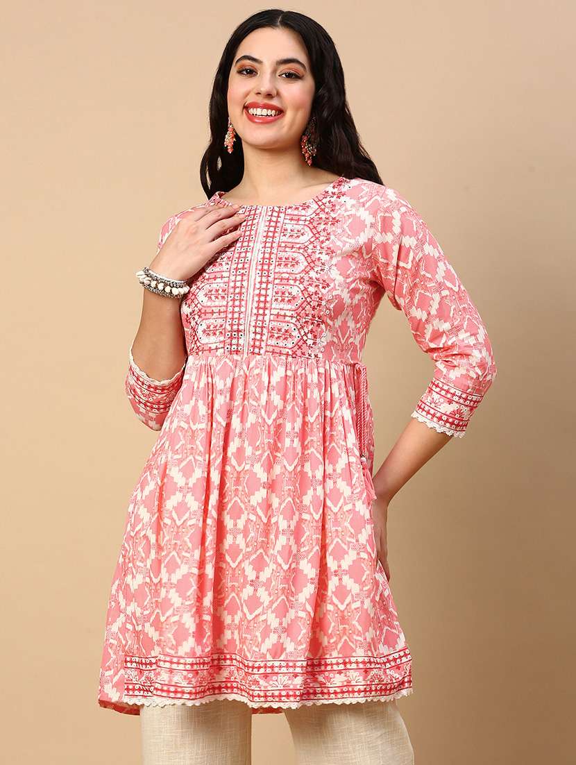 women printed round neck flared kurti