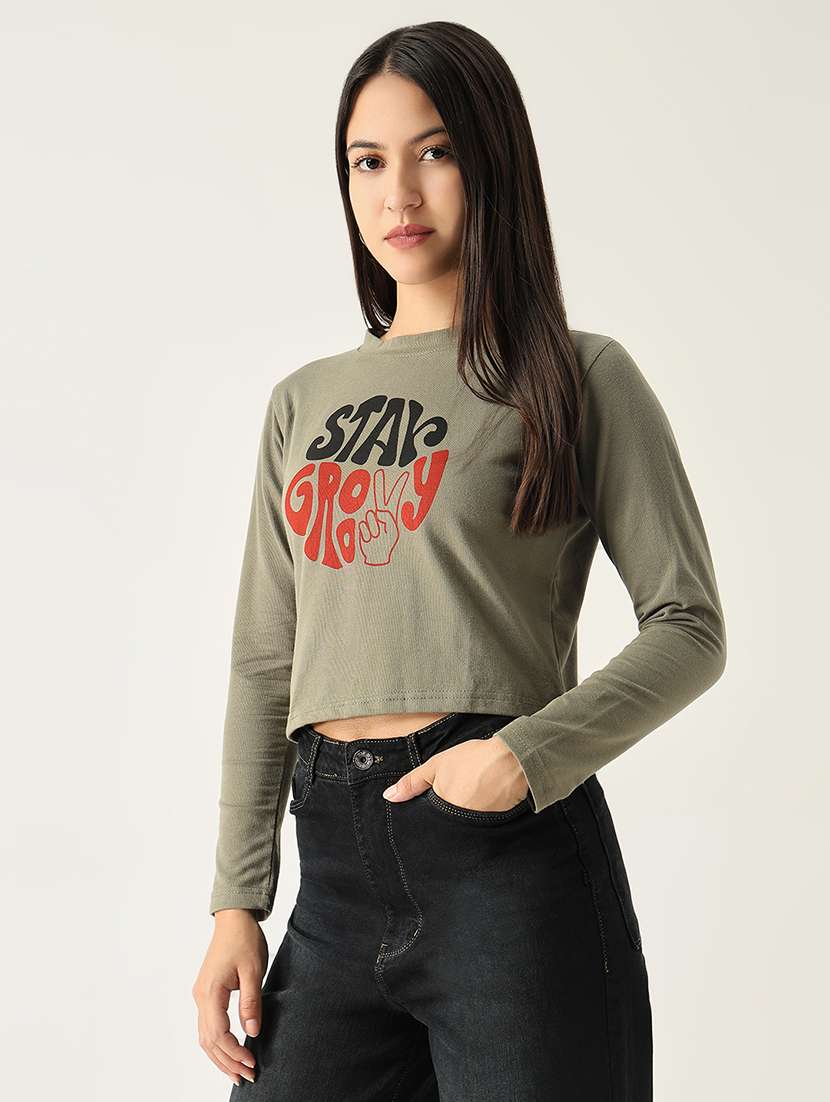 women front print round neck crop t-shirt - 21553999 -  Standard Image - 2