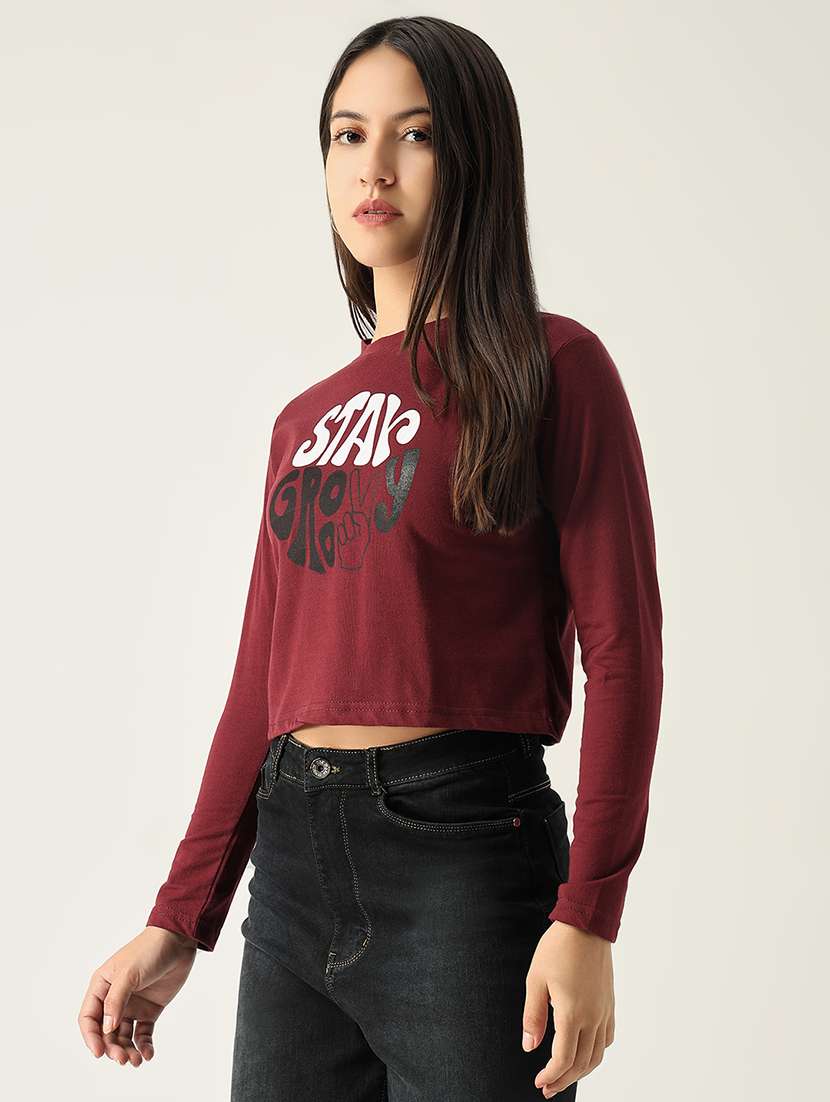 women front print round neck crop t-shirt - 21554004 -  Standard Image - 2