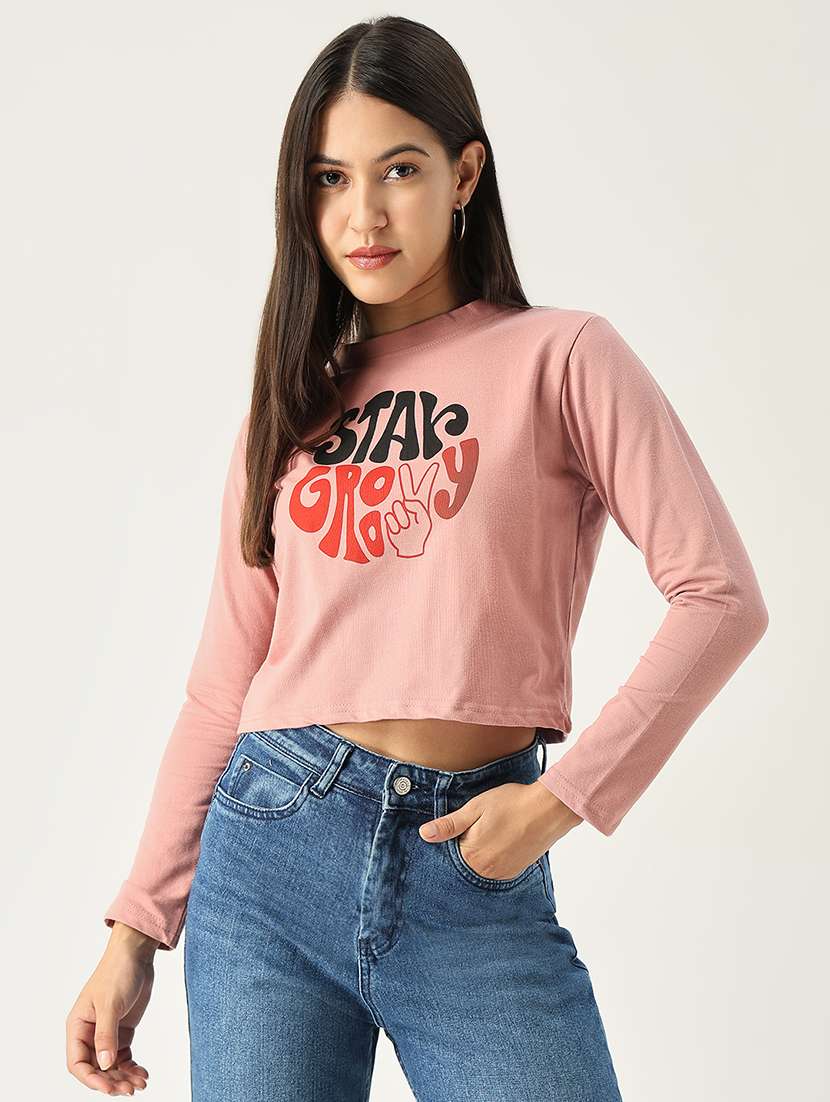 women front print round neck crop t-shirt