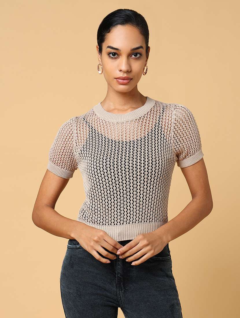 women beige crochet regular top