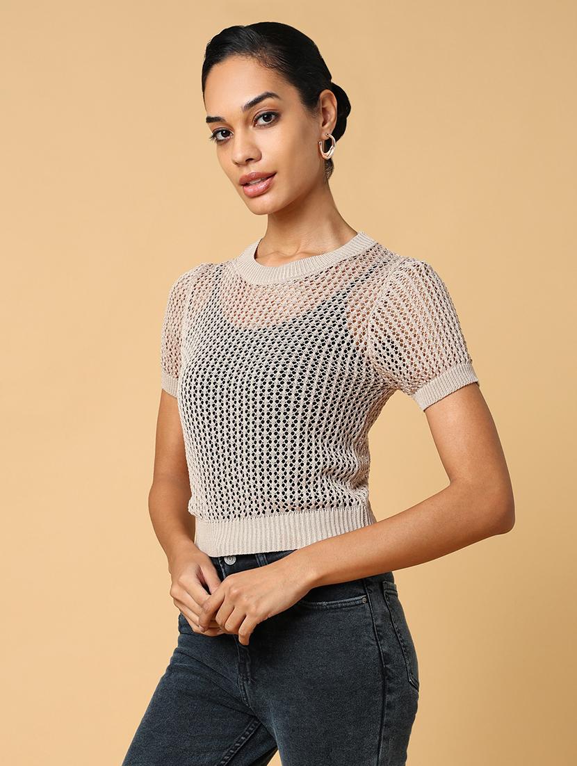women beige crochet regular top - 21554092 - Standard Image - 2