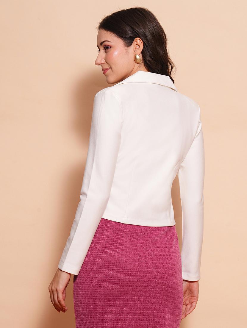 globus women off white lapel collared long sleeves front opening crop jacket type work wear blazer - 21554177 - Standard Image - 2