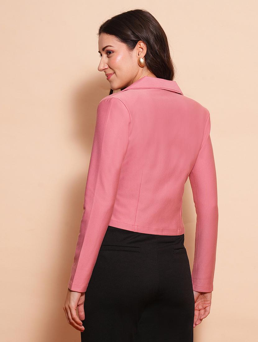 globus women dusty pink lapel collared long sleeves front opening crop jacket type work wear blazer - 21554178 - Standard Image - 2