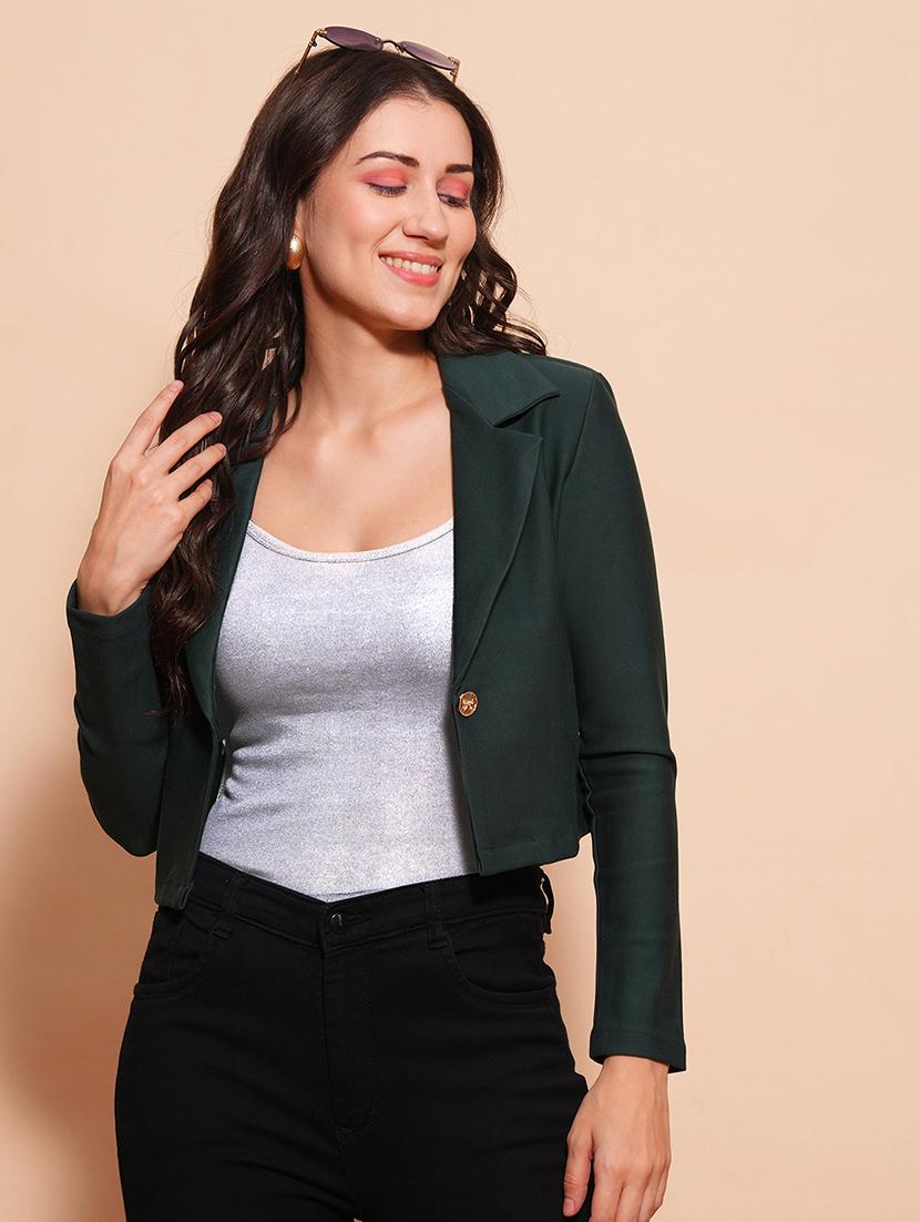 globus women bottle green pink lapel collared long sleeves front opening crop jacket type work wear blazer - 21554180 -  Zoom Image - 0
