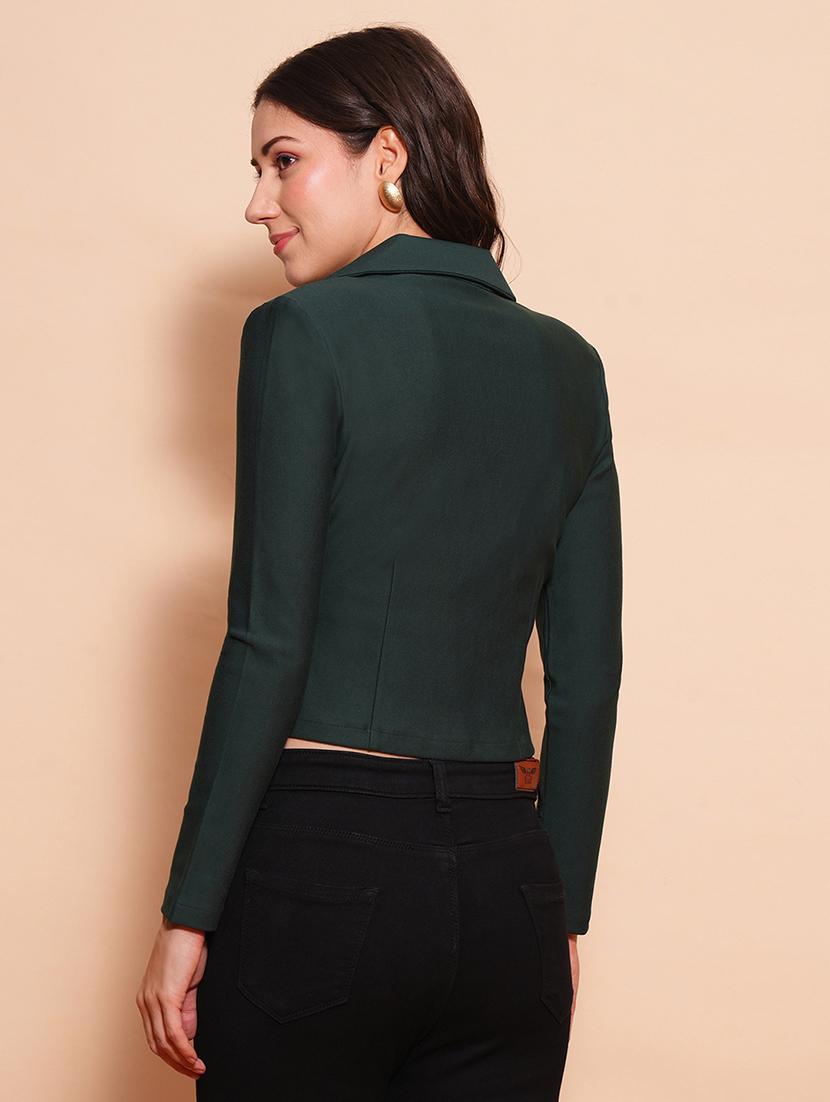 globus women bottle green pink lapel collared long sleeves front opening crop jacket type work wear blazer - 21554180 - Standard Image - 2