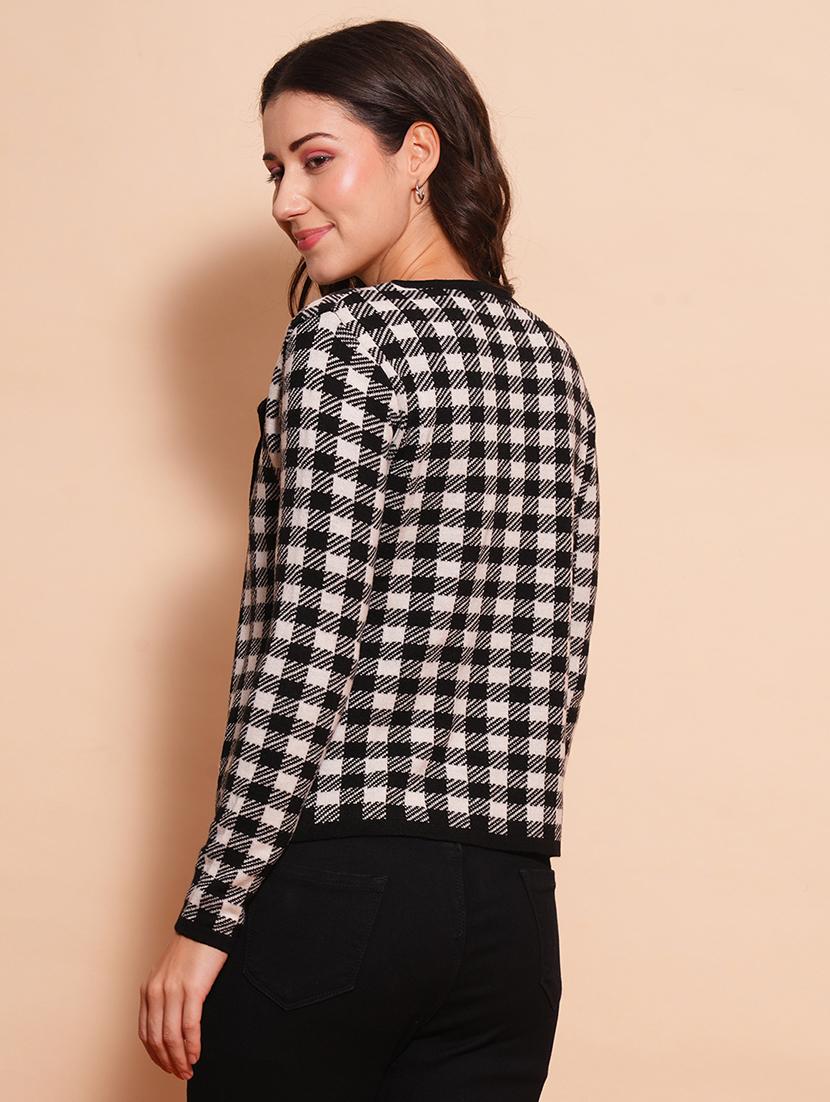 globus women black & white chequered lapel collar full sleeves cardigan sweater - 21554181 - Standard Image - 2