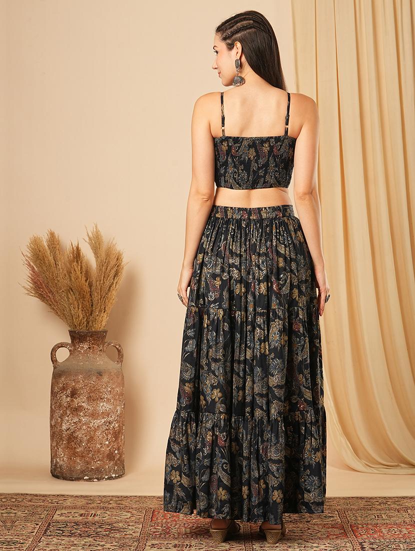 globus women blue floral printed strappy shoulder smocked crop top & maxi tiered skirt fusion co-ord set - 21554182 - Standard Image - 2