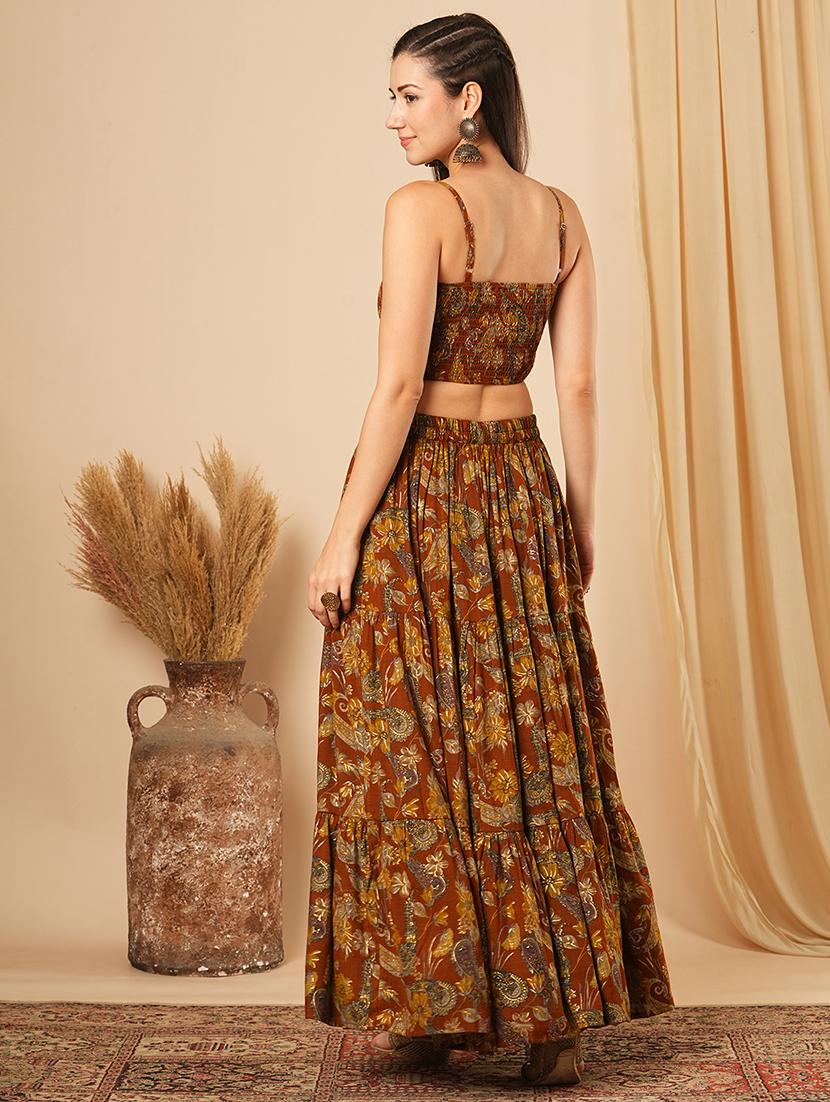 globus women mustard floral printed strappy shoulder smocked crop top & maxi tiered skirt fusion co-ord set - 21554183 - Standard Image - 2