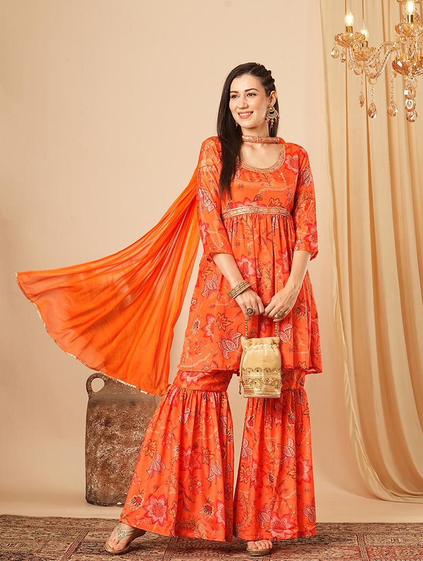 globus women orange allover floral printed sequinned yoke front slit tunic with gharara & chocker dupatta festive co-ord set - 21554186 -  Zoom Image - 0