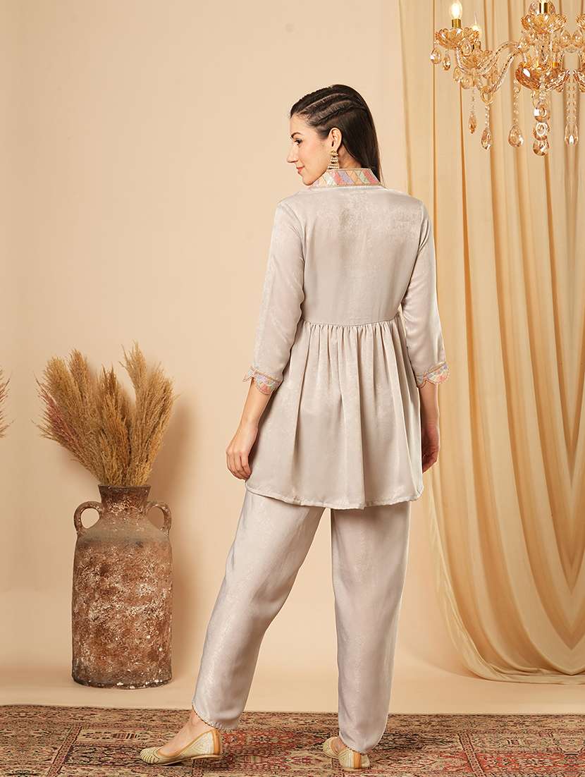 globus women grey overlapping sequined lace v neck velvet peplum tunic & mid-rise ankle length dhoti fusion co-ord set - 21554187 -  Standard Image - 2
