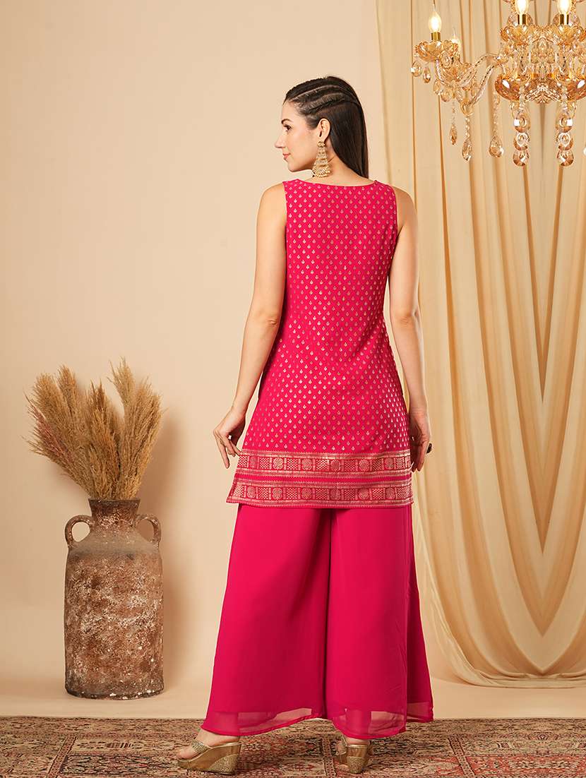 globus women pink gold foil ethnic motif round neck short kurti & partially elasticated flared palazzo festive co-ord set - 21554189 -  Standard Image - 2