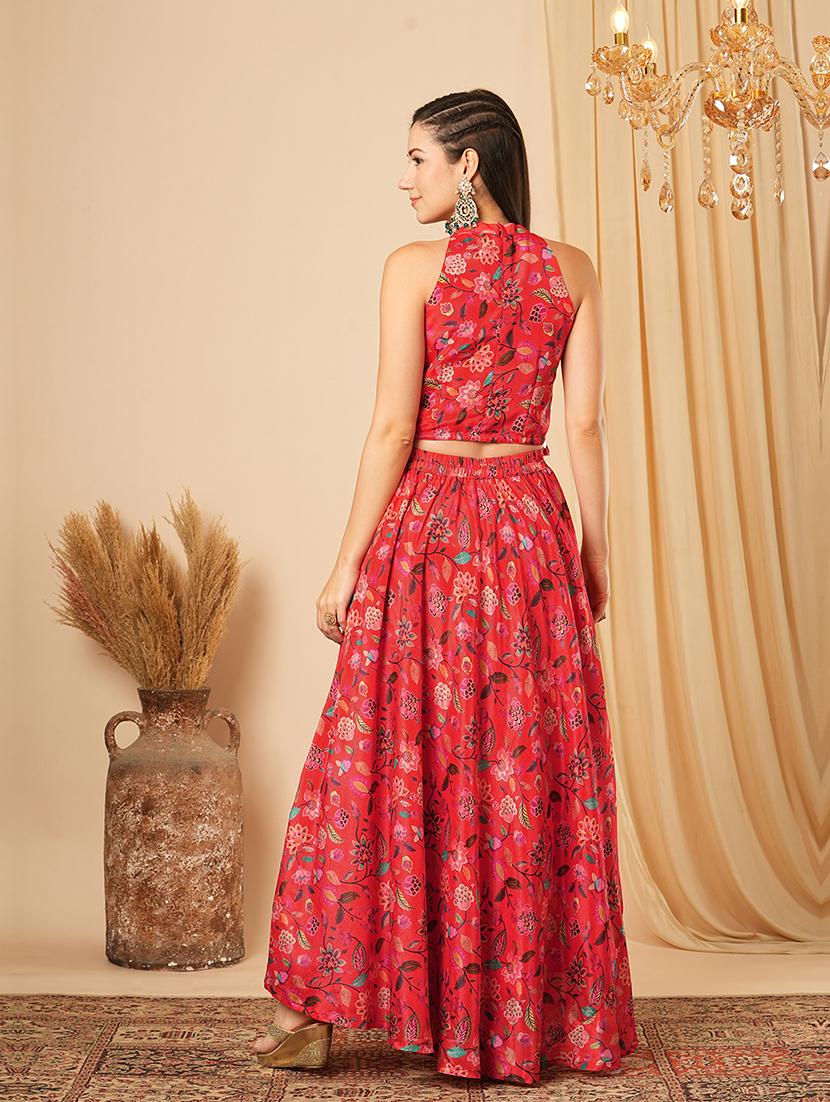 globus women red floral printed halter neck tassel detailing crop top & partially elasticated flared maxi fusion co-ord set - 21554190 - Standard Image - 2