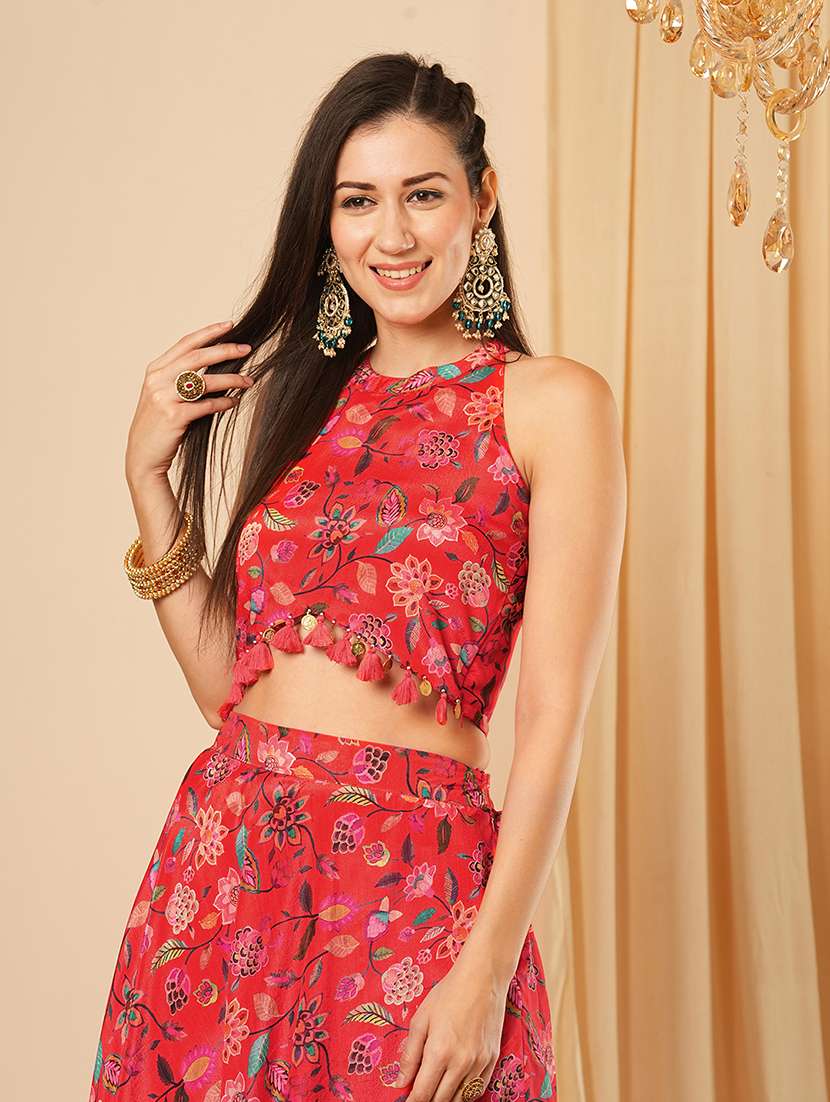 Globus Women Red Floral Printed Halter Neck Tassel Detailing Crop Top & Partially Elasticated Flared Maxi Fusion Co Ord Set