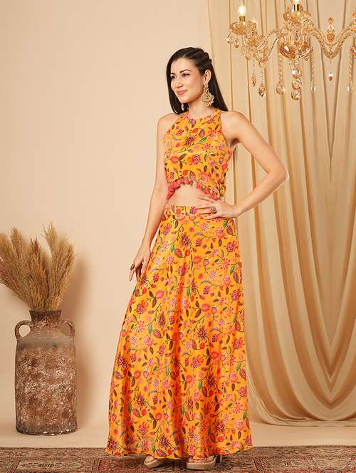 globus women yellow floral printed halter neck tassel detailing crop top & partially elasticated flared maxi fusion co-ord set - 21554191 - Standard Image - 0