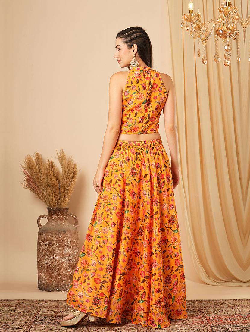 globus women yellow floral printed halter neck tassel detailing crop top & partially elasticated flared maxi fusion co-ord set - 21554191 - Standard Image - 2