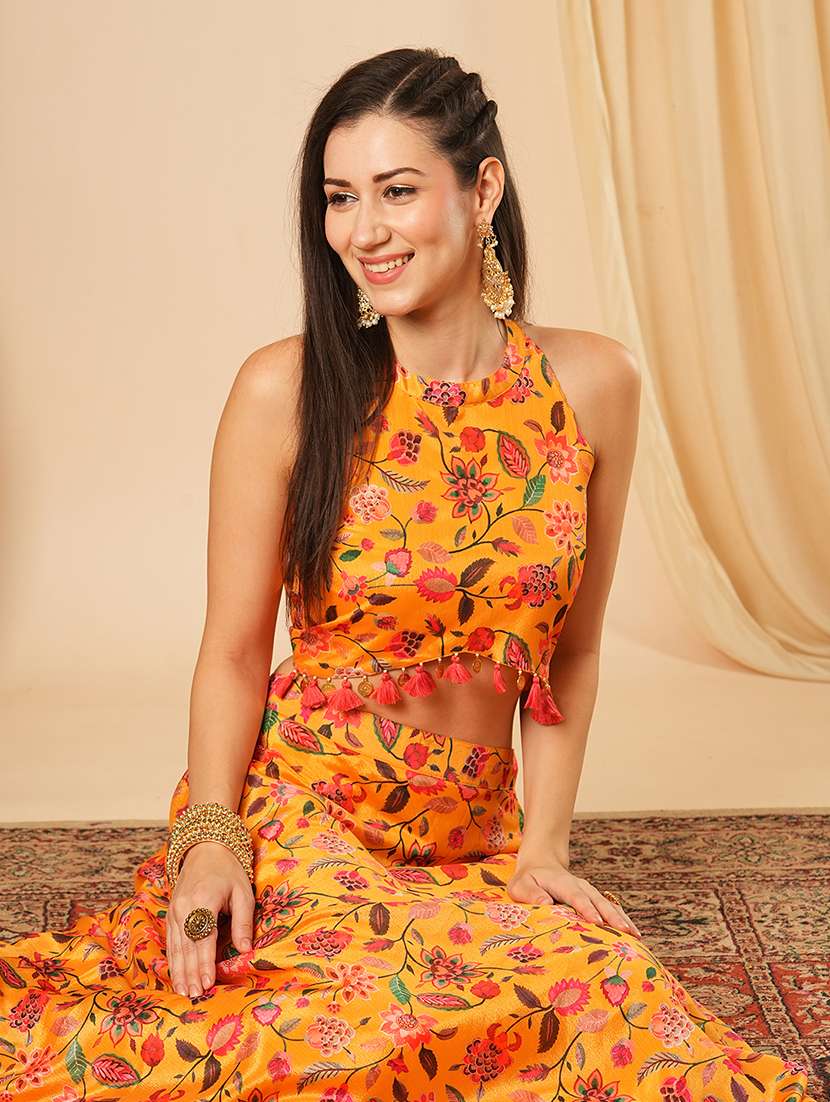 Globus Women Yellow Floral Printed Halter Neck Tassel Detailing Crop Top & Partially Elasticated Flared Maxi Fusion Co Ord Set