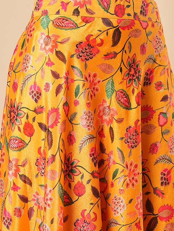 Globus Women Yellow Floral Printed Halter Neck Tassel Detailing Crop Top & Partially Elasticated Flared Maxi Fusion Co Ord Set
