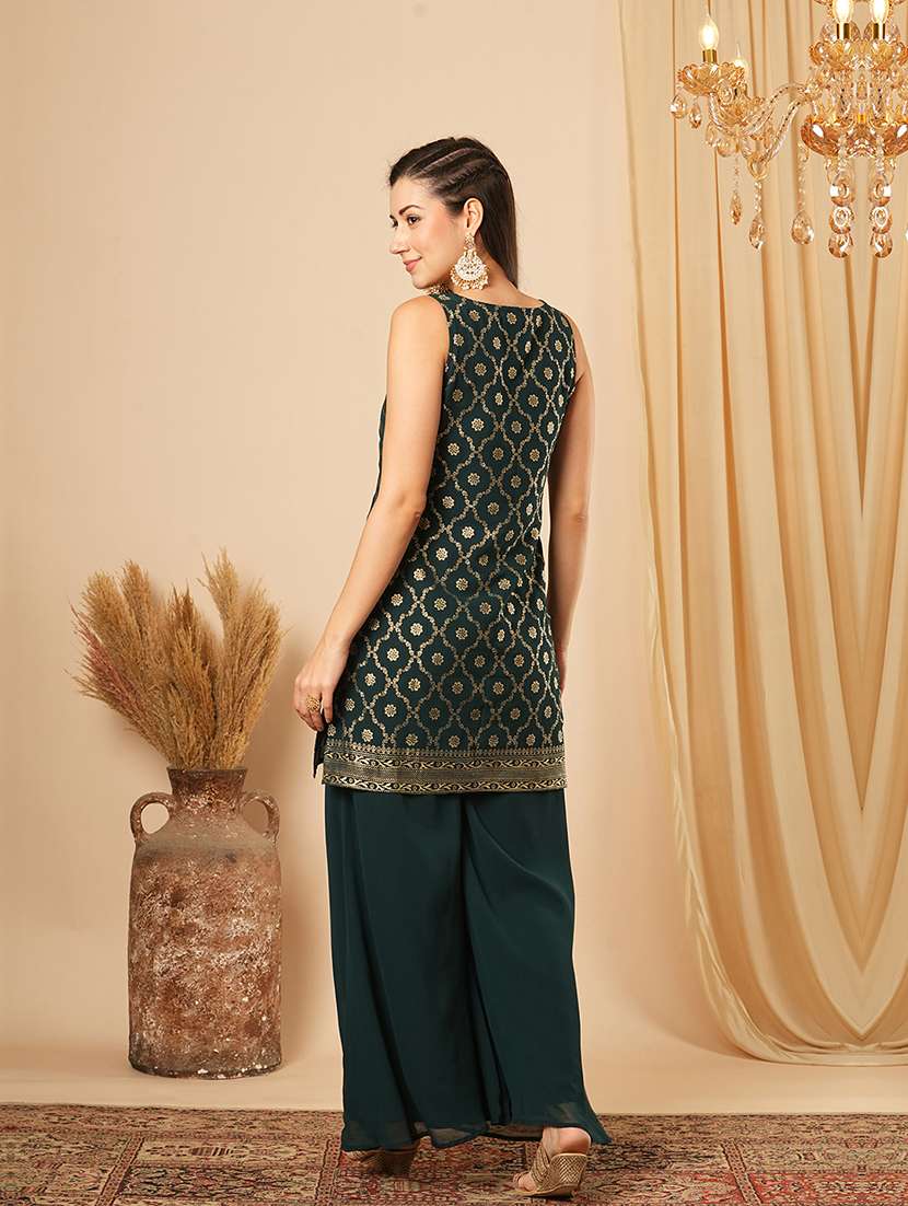 globus women teal gold foil ethnic motif round neck short kurti & partially elasticated flared palazzo festive co-ord set - 21554192 -  Standard Image - 2