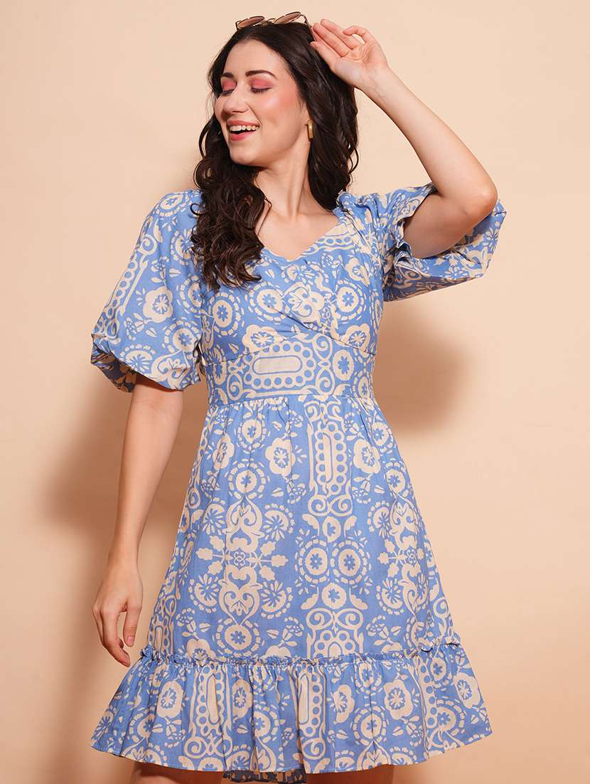 globus women blue sweetheart neck balloon sleeves tribal print gathered smocked fit & flare dress