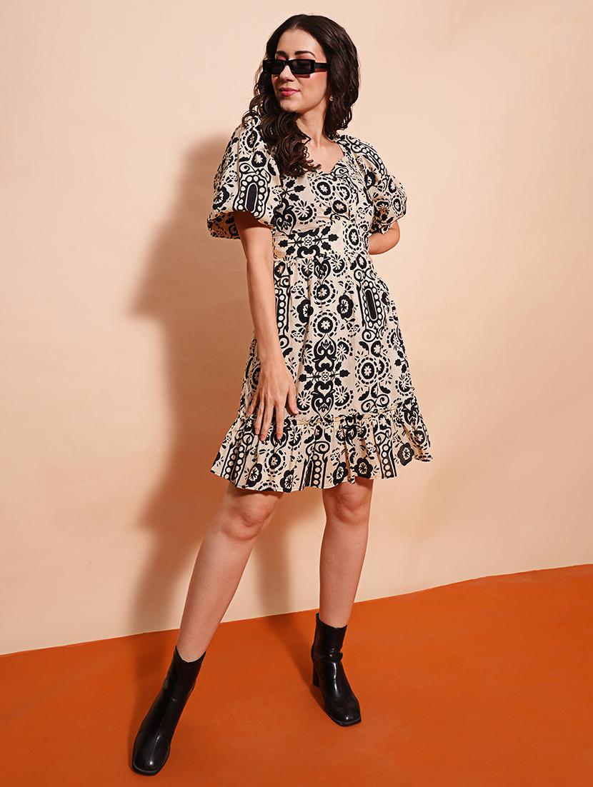 globus women black sweetheart neck balloon sleeves tribal print gathered smocked fit & flare dress - 21554197 - Standard Image - 2