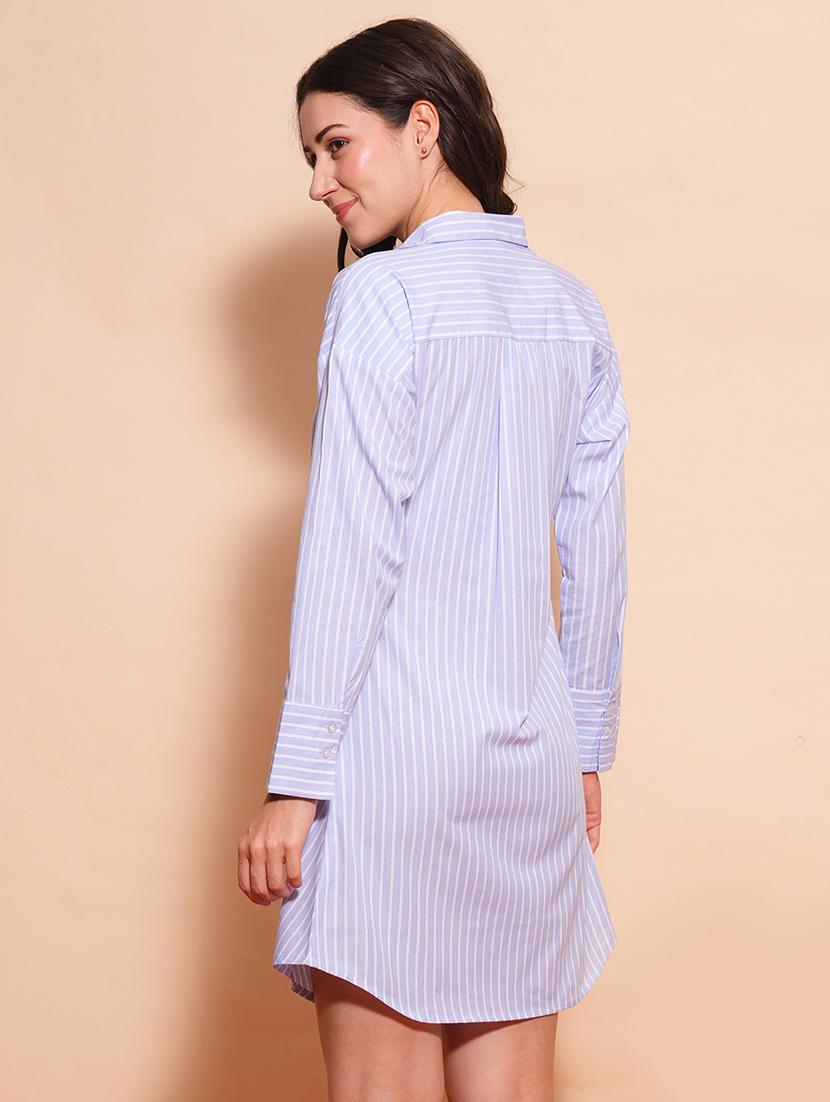 globus women blue shirt collar cuffed sleeves striped pleated wrap dress - 21554198 - Standard Image - 2