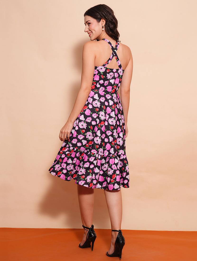 globus women multi halter neck floral printed button detail fit & flare midi dress - 21554199 - Standard Image - 2