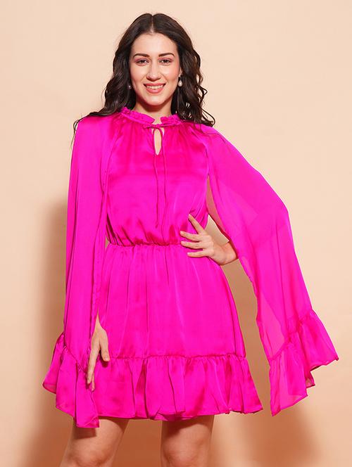 globus women pink frilled tie-up neck long cape sleeves tiered fit & flare party dress - 21554201 - Standard Image - 0