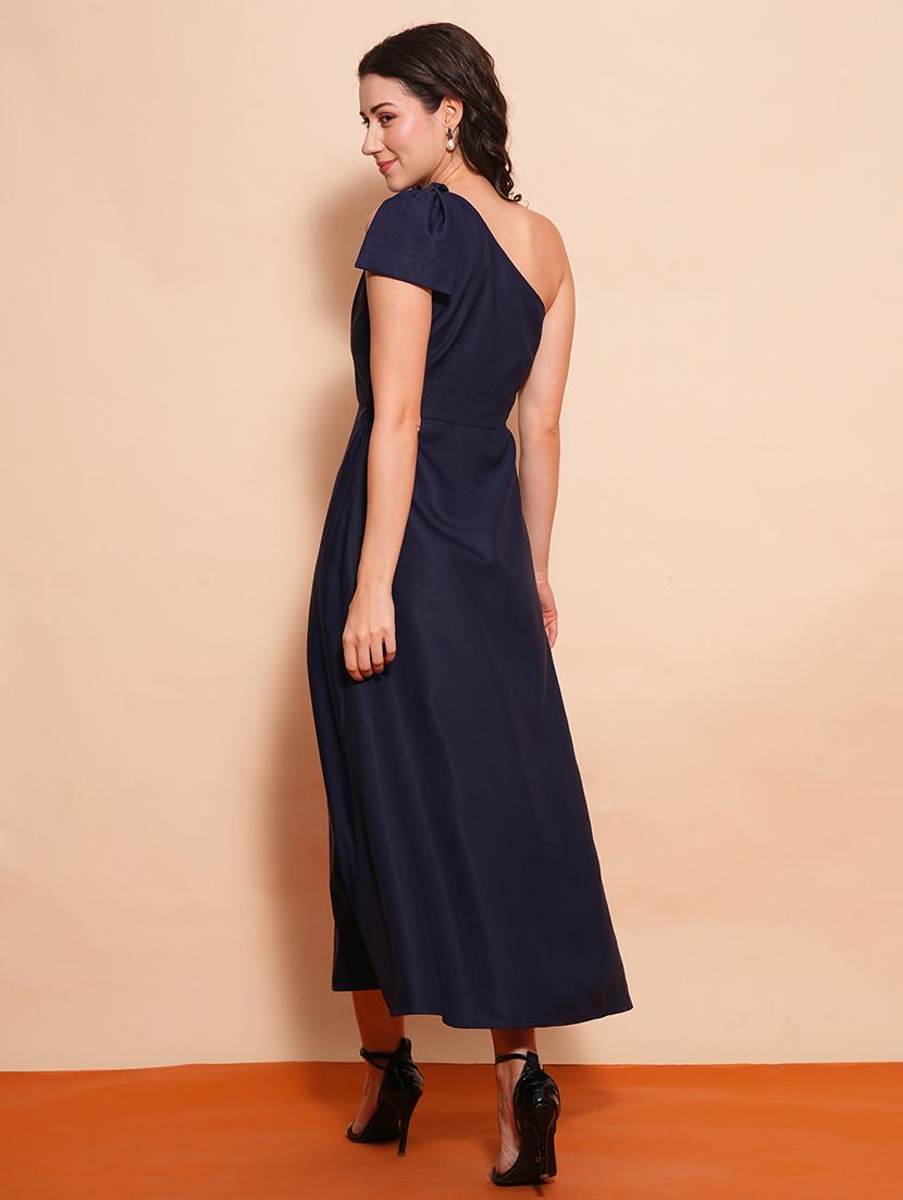 globus women navy blue one shoulder bow detail a-line maxi party dress - 21554202 - Standard Image - 2