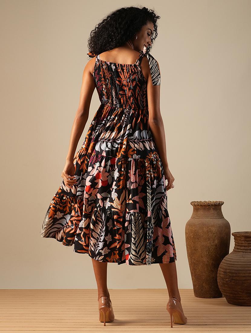 globus women black square neck tie-up strappy shoulder tropical print smocked tiered fit & flare midi fusion dress - 21554208 - Standard Image - 2