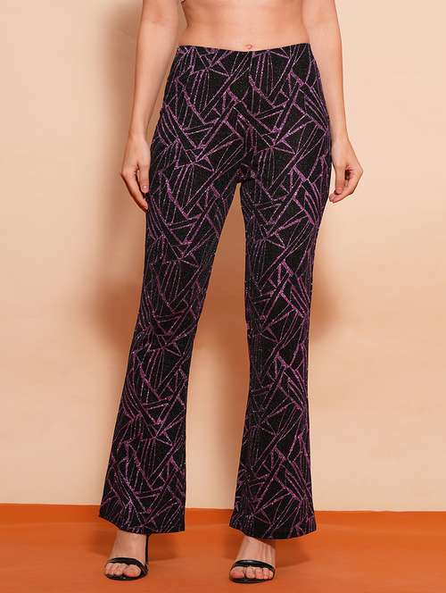 globus women purple shimmer stretchable high-waist flared party wear treggings - 21554214 - Standard Image - 0
