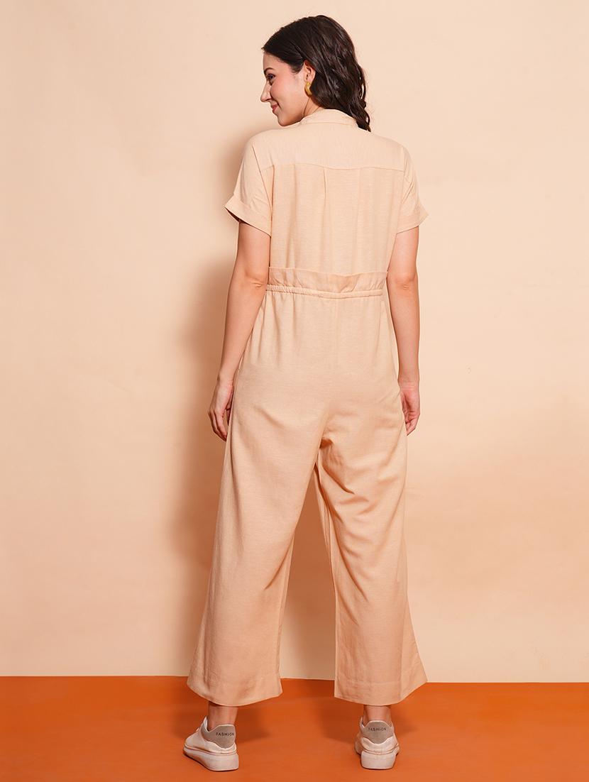 globus women beige shirt collar waist tie-ups cargo style wide leg casual jumpsuit - 21554217 - Standard Image - 2